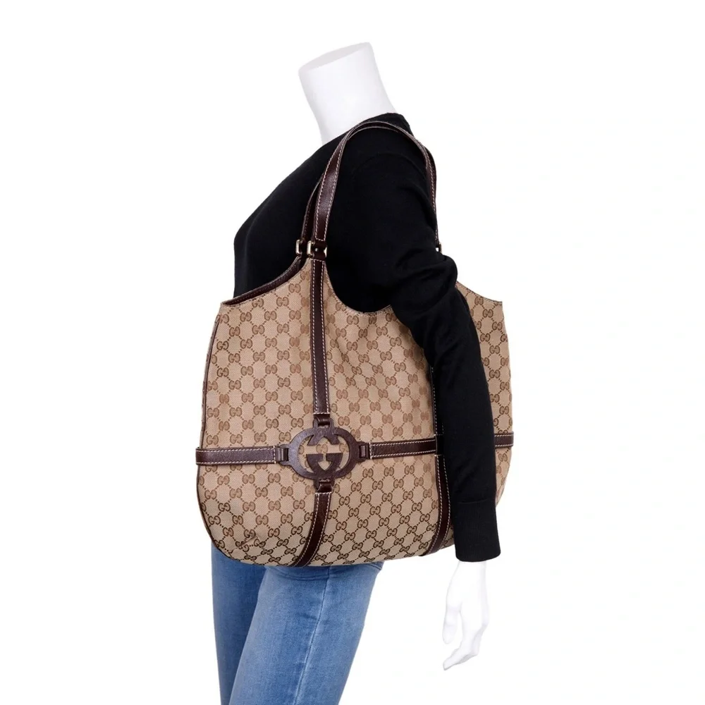 Gucci Royal Canvas Leather Hobo Tote Bag Dark Brown Monogram Timeless Designer - Picture 7 of 16
